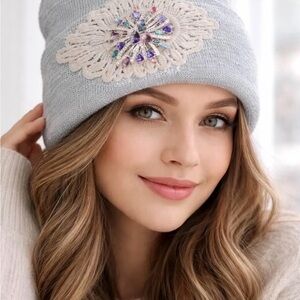 Elegant Gray Beanie with Crystal Embellishment